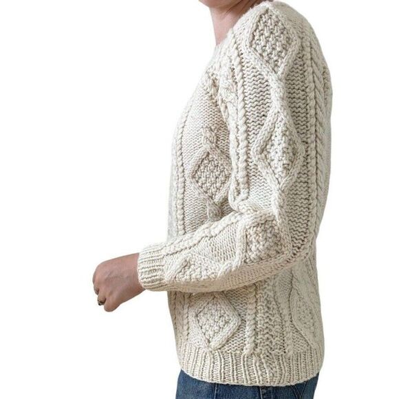 Vintage 1990s Esprit White 100% Wool Cable Knit Chunky Fisherman Sweater Sz S - Picture 6 of 7